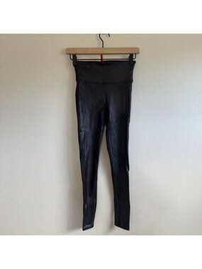 Spanx Faux Leather Leggings Black High Waisted Compression Shaping Foil Finish S